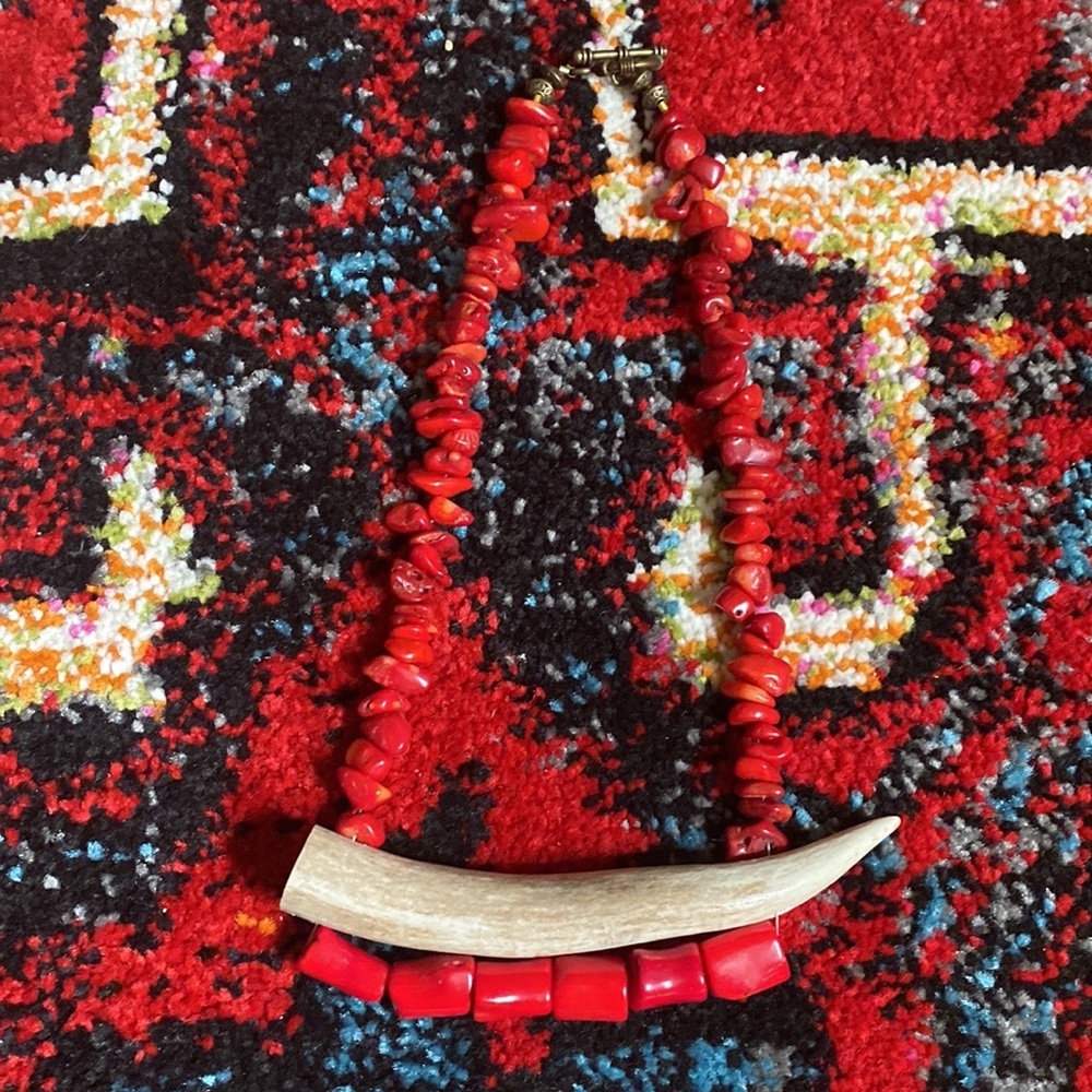 Red Coral Deer Antler Statement Necklace